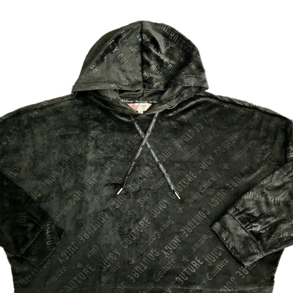 Juicy Couture Y2K Black Velour Hoodie Intimates Size Large Embossed‎ Logo L Soft - Picture 1 of 9